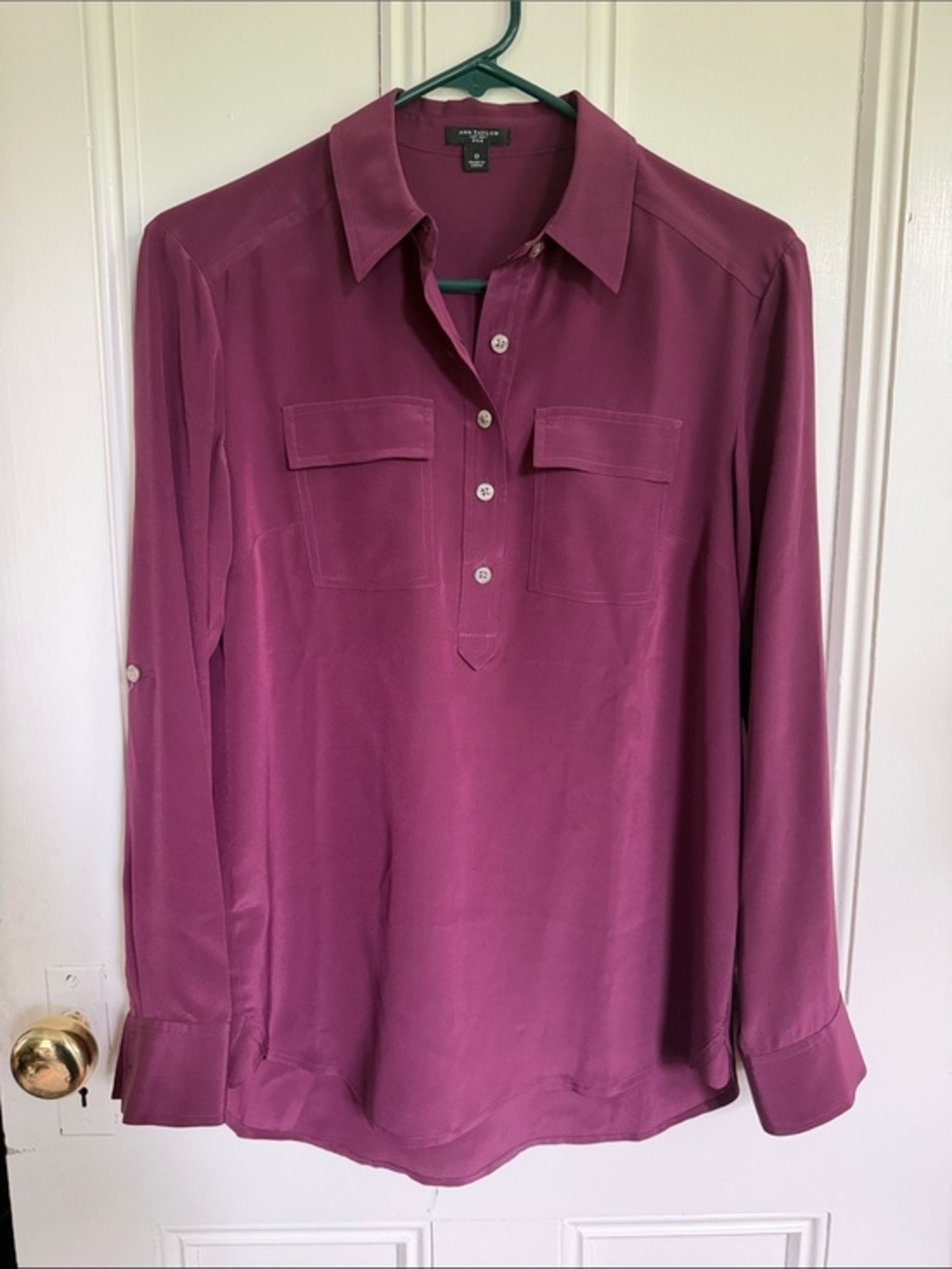 Ann Taylor Plum Button-Front Long Sleeve Blouse 100% silk